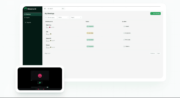 Nexora AI meetings dashboard